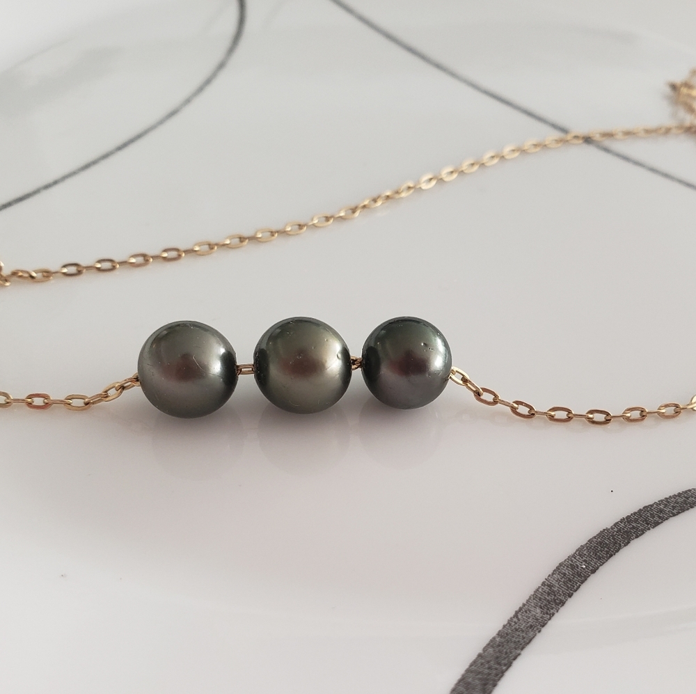 Triple Tahitian pearl necklace gold filled 16"